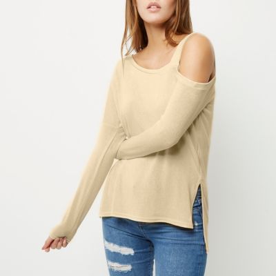 Cream asymmetric one shoulder knit top
